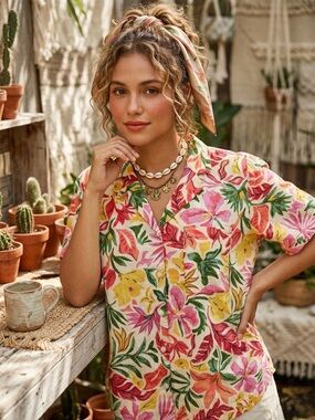 Old Navy Floral Button-Down Top in Pink, Yellow & Green 100% Cotton